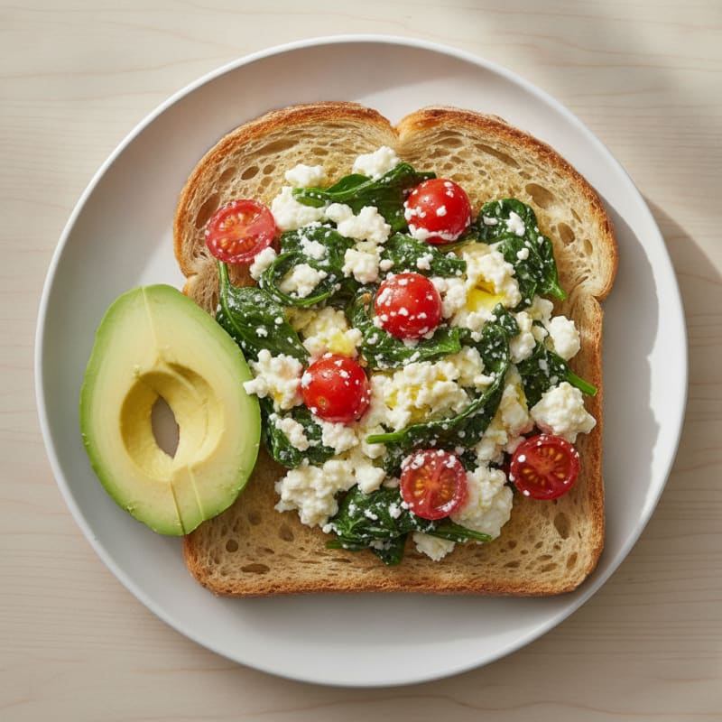 Cottage Cheese and Egg White Scramble with Spinach and Cherry Tomatoes