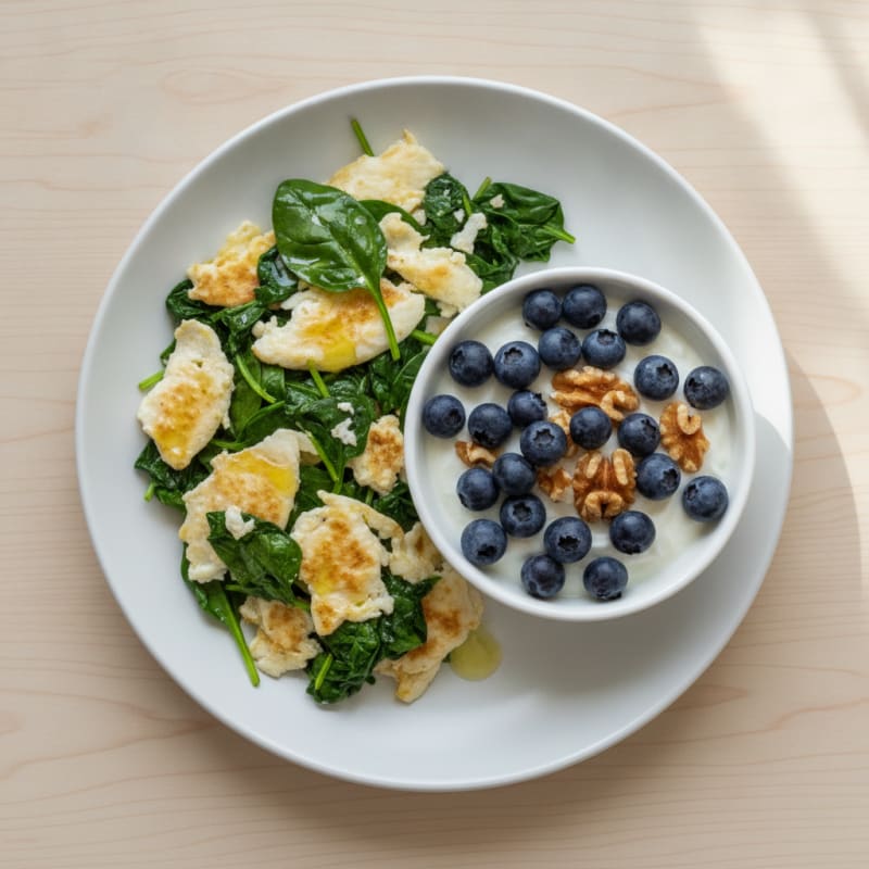 Egg White and Spinach Scramble with Greek Yogurt and Berries
