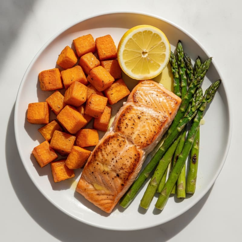 Seared Salmon with Roasted Sweet Potatoes and Asparagus