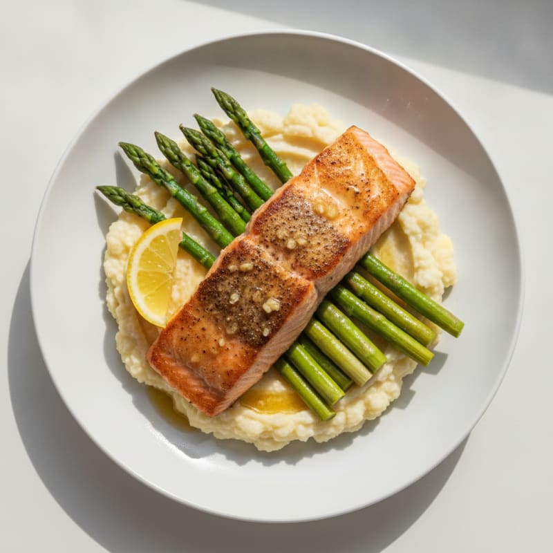 Seared Salmon Fillet with Steamed Asparagus and Cauliflower Mash