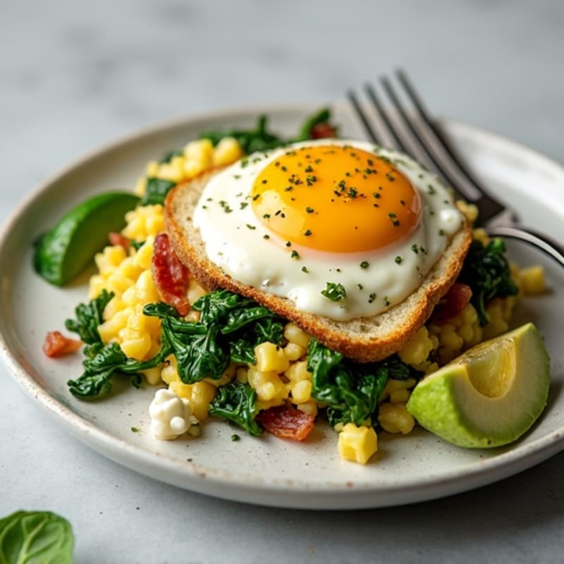 Egg White Spinach Scramble with Cottage Cheese and Turkey Bacon