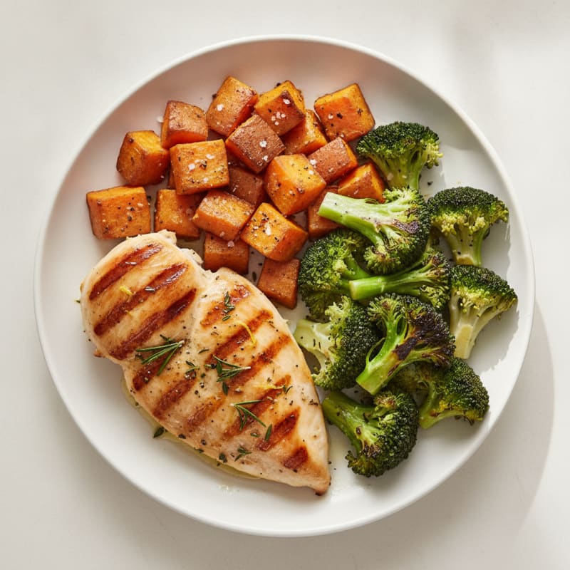 Grilled Chicken Breast with Roasted Sweet Potato and Steamed Broccoli