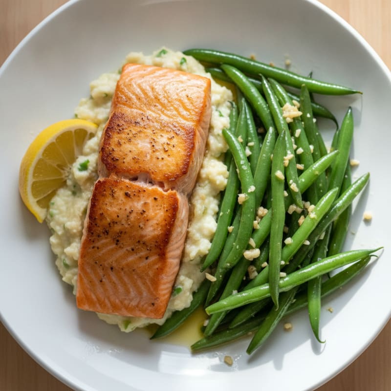 Seared Salmon Fillet with Garlic Green Beans and Cauliflower Mash