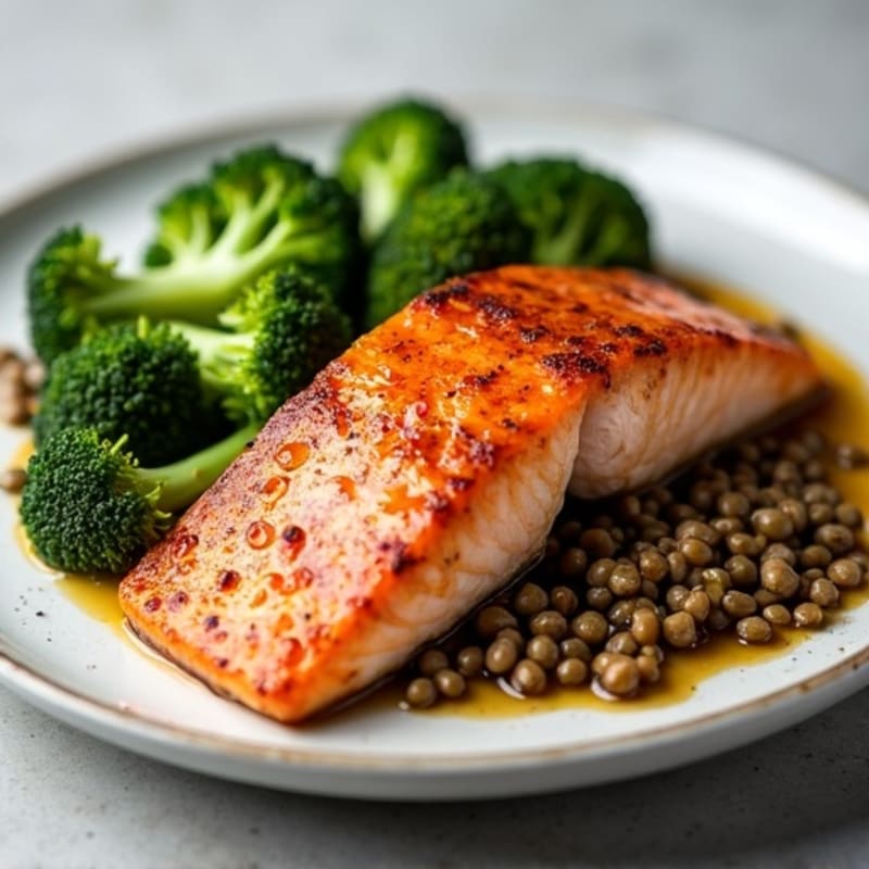 Seared Salmon with Roasted Broccoli and Lentils