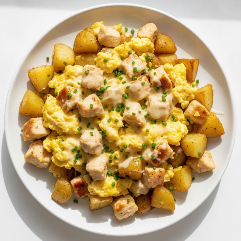 Cheesy Scrambled Eggs with Diced Chicken and Irish Potatoes