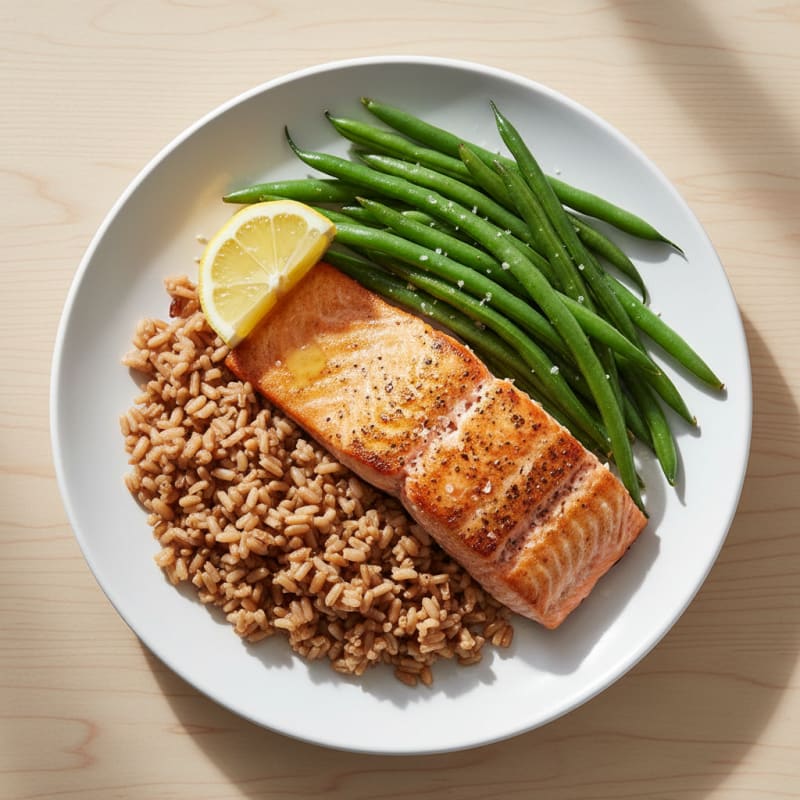 Seared Salmon with Steamed Green Beans and Brown Rice