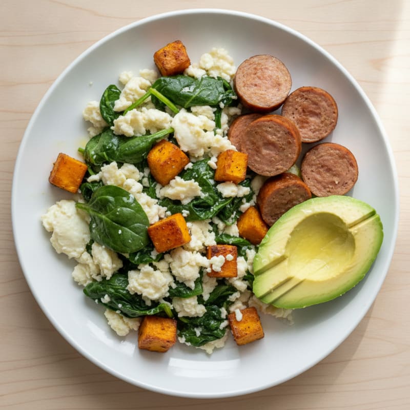 Egg White and Spinach Scramble with Turkey Sausage
