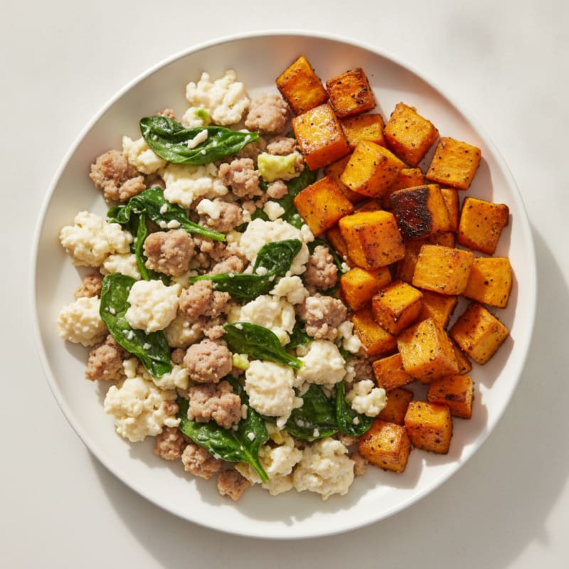Egg White and Turkey Sausage Scramble with Spinach and Roasted Sweet Potato