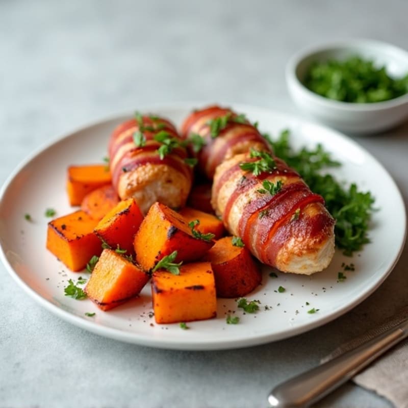 Crispy Turkey Bacon-Wrapped Chicken Tenderloins with Roasted Sweet Potatoes