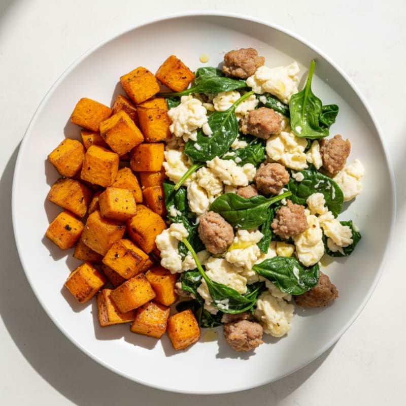 Egg White and Turkey Sausage Scramble with Spinach and Roasted Sweet Potato