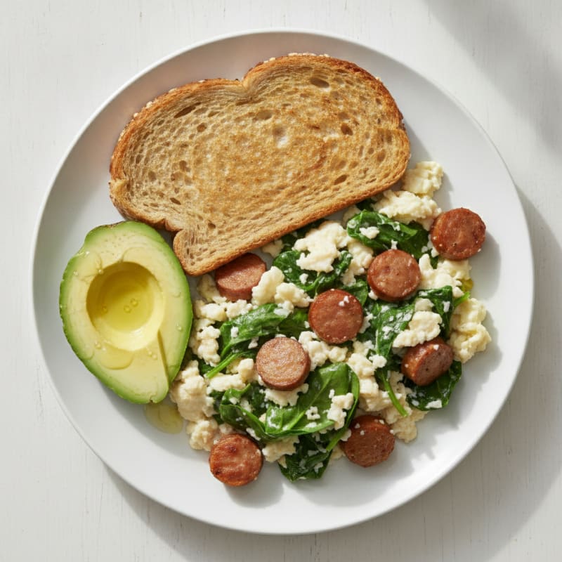 Egg White Spinach Scramble with Turkey Sausage