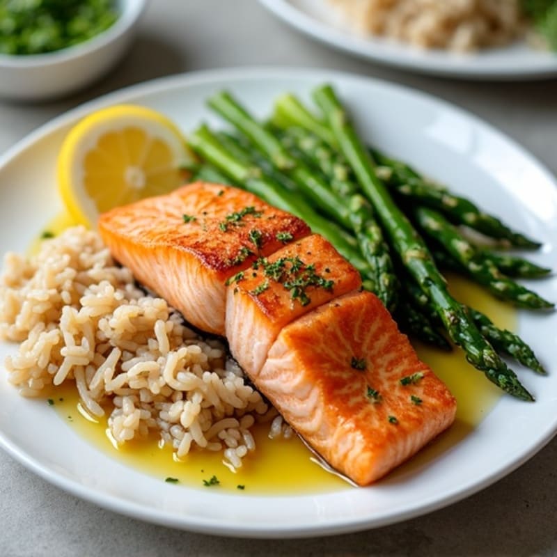 Seared Salmon Fillet with Steamed Asparagus and Brown Rice