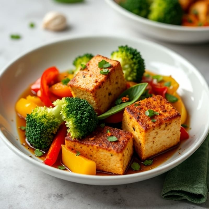 Crispy Baked Tofu with Roasted Broccoli and Bell Peppers
