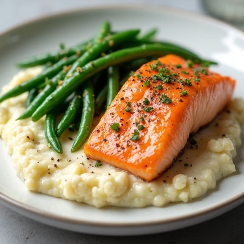 Seared Salmon with Garlic Green Beans and Cauliflower Mash