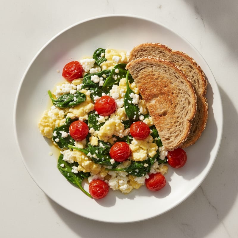 Cottage Cheese Egg Scramble with Spinach and Cherry Tomatoes