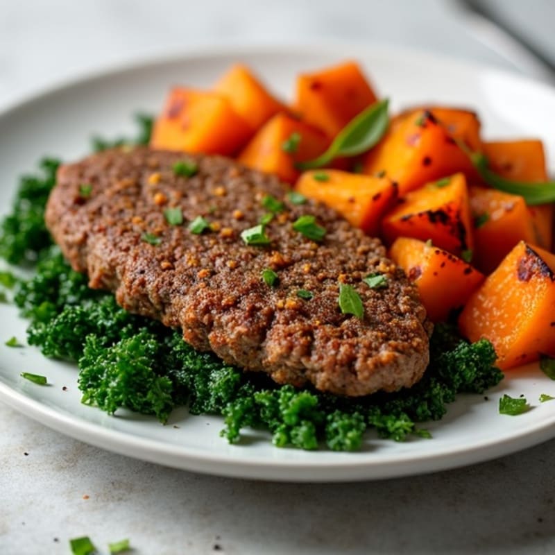 Crispy Ground Beef with Garlicky Kale and Roasted Sweet Potatoes