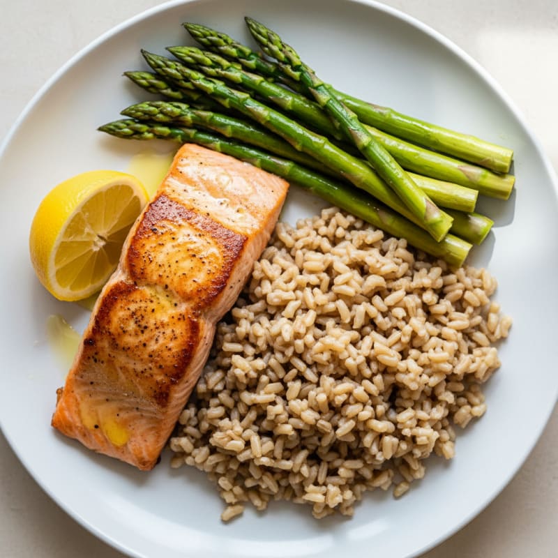 Seared Salmon with Steamed Asparagus and Brown Rice