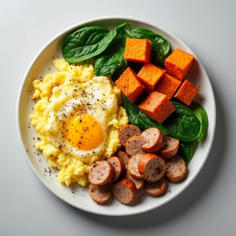 Egg White and Turkey Sausage Scramble with Spinach and Roasted Sweet Potatoes
