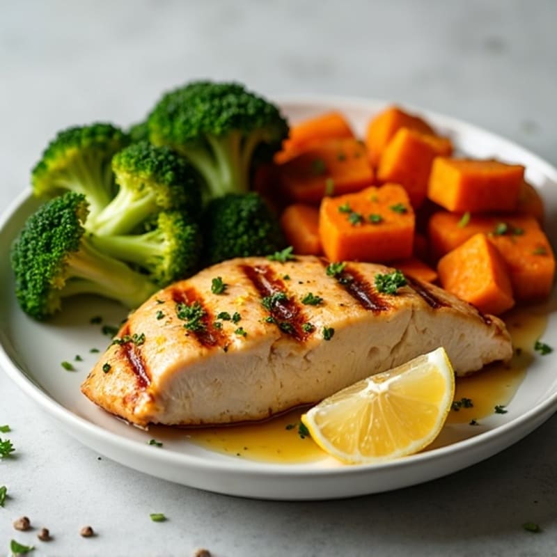 Grilled Lemon Garlic Chicken Breast with Roasted Sweet Potato and Broccoli