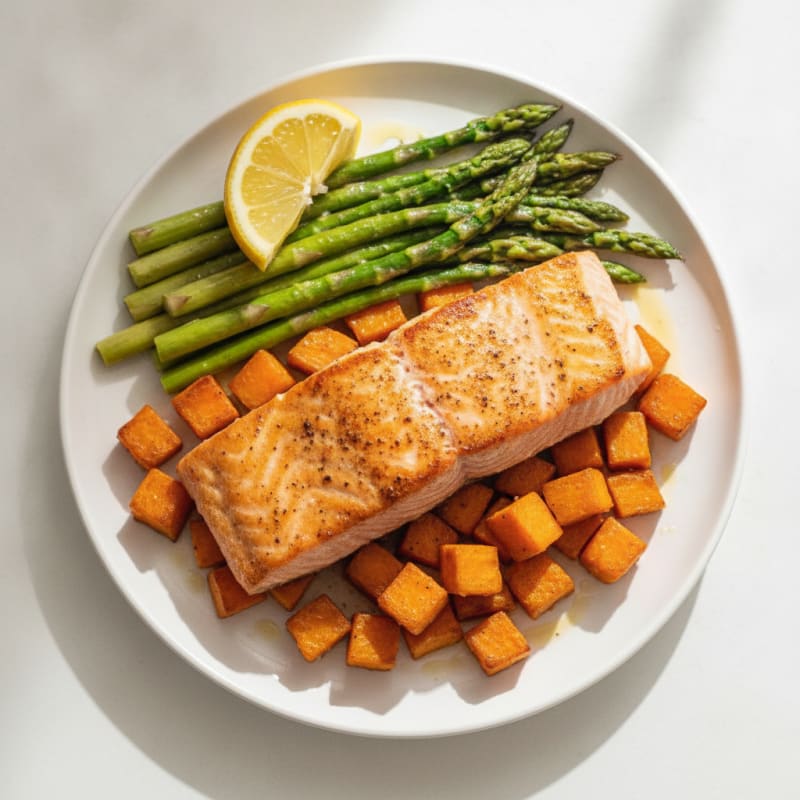 Seared Salmon with Roasted Sweet Potato and Asparagus