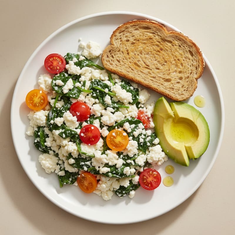 Cottage Cheese and Egg White Scramble with Spinach and Cherry Tomatoes