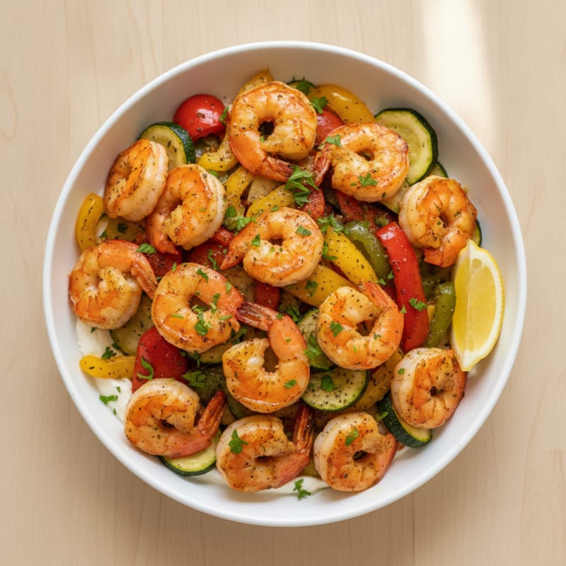 Pan-Seared Tiger Shrimp and Roasted Vegetables Bowl