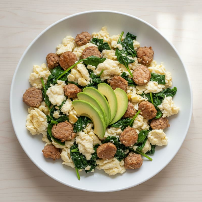 Egg White and Turkey Sausage Scramble with Sautéed Spinach