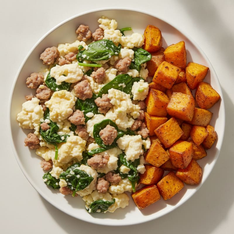 Egg White and Turkey Sausage Scramble with Spinach and Roasted Sweet Potato