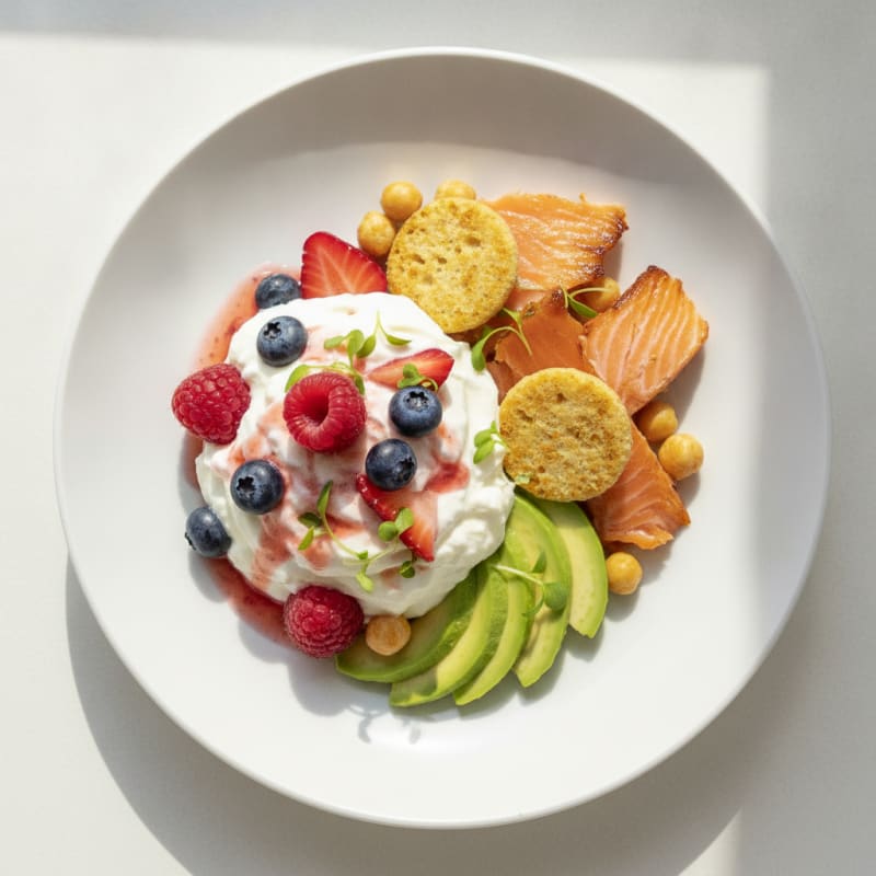 Protein Berry Yogurt Mousse with Smoked Salmon Crisp
