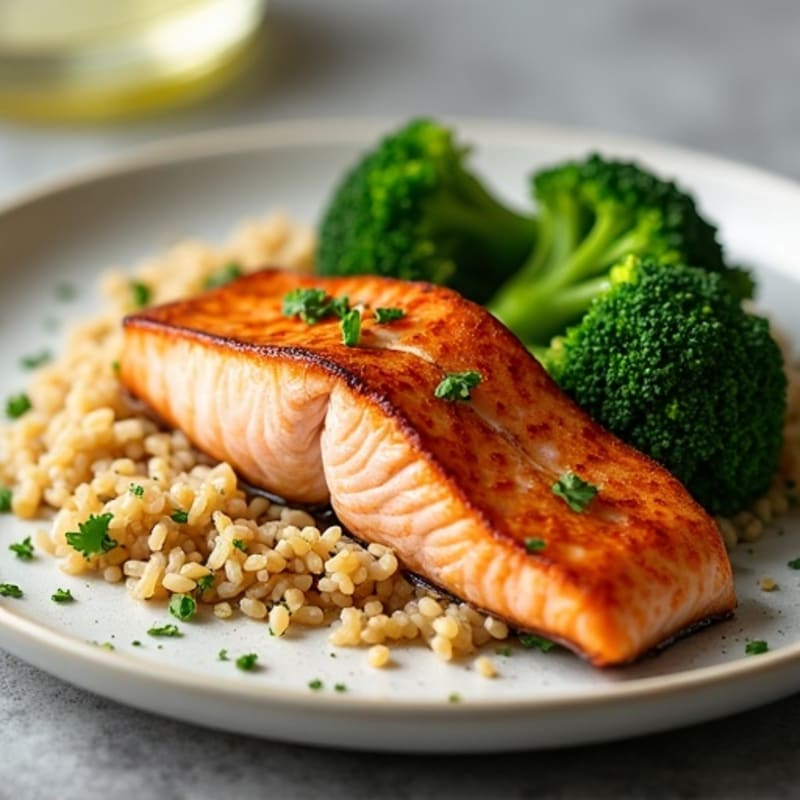 Seared Salmon with Steamed Broccoli and Garlic Brown Rice