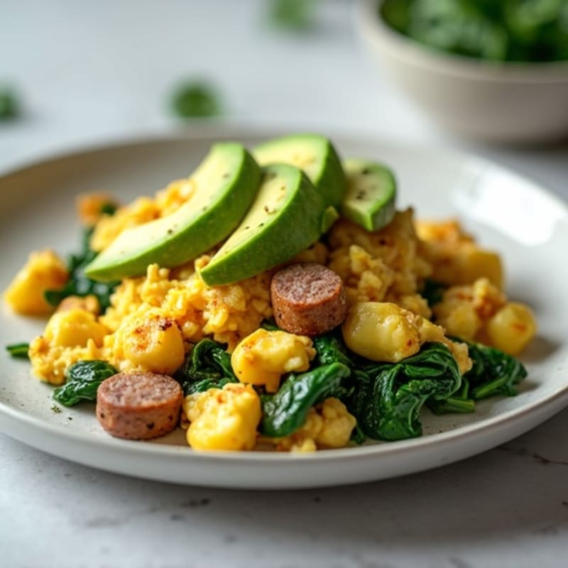 Egg White Scramble with Chicken Sausage and Spinach