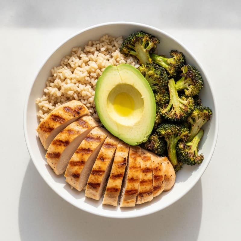 Grilled Chicken and Brown Rice Bowl with Roasted Broccoli