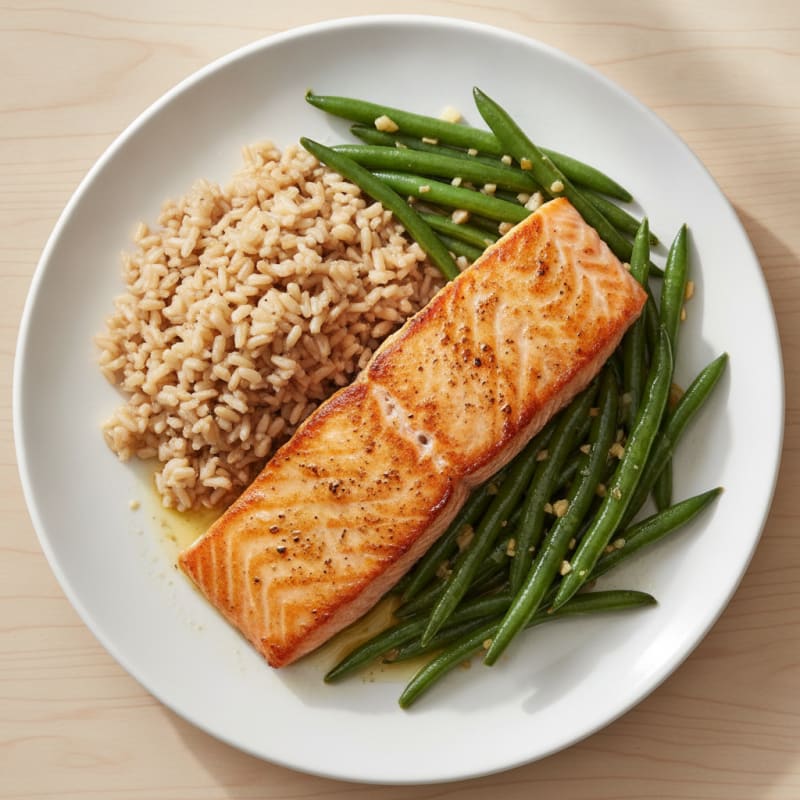Seared Salmon Fillet with Garlic Green Beans and Brown Rice