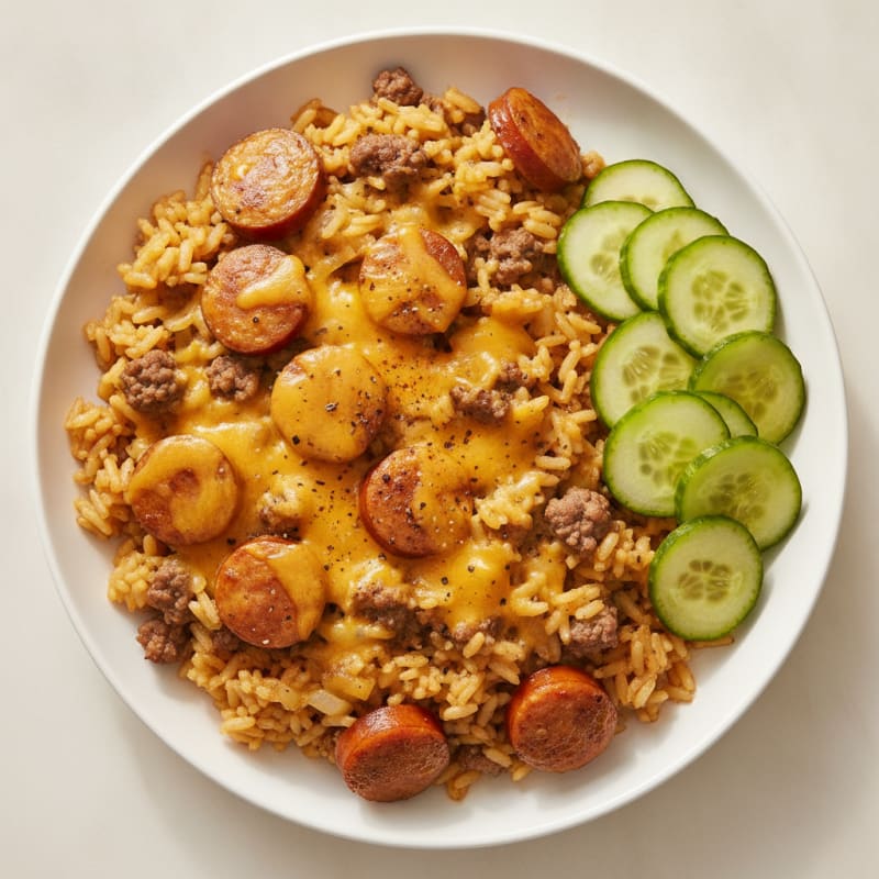Cheesy Beef and Sausage Rice Skillet