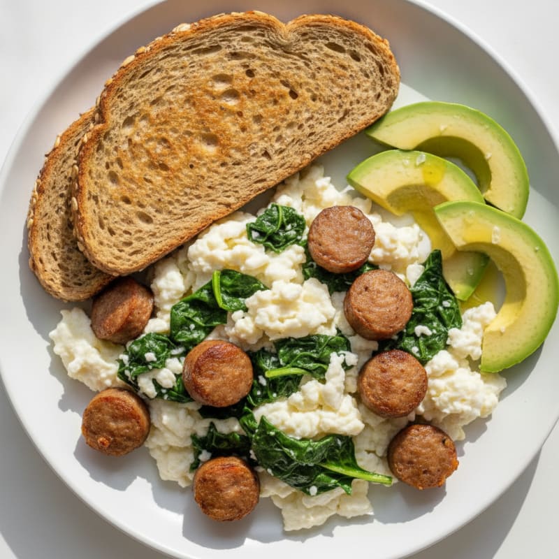 Egg White Spinach Scramble with Turkey Sausage