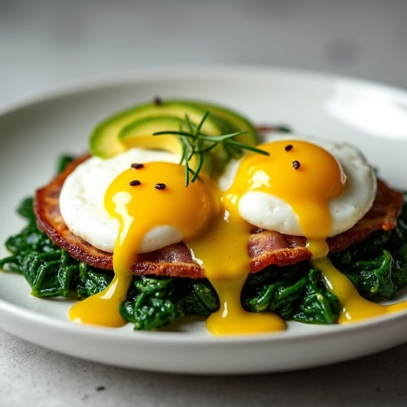 Poached Eggs with Lean Turkey Bacon, Sautéed Spinach, and Creamy Avocado Drizzle
