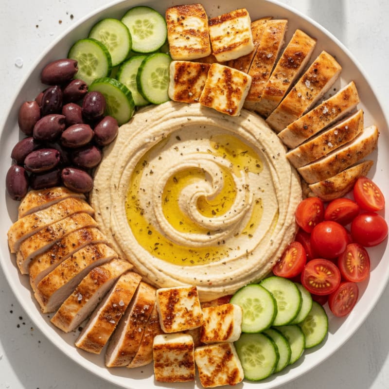 Hummus Platter with Grilled Halloumi and Olives