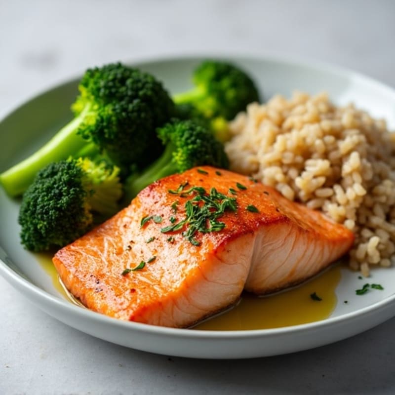 Pan-Seared Salmon with Steamed Broccoli and Brown Rice