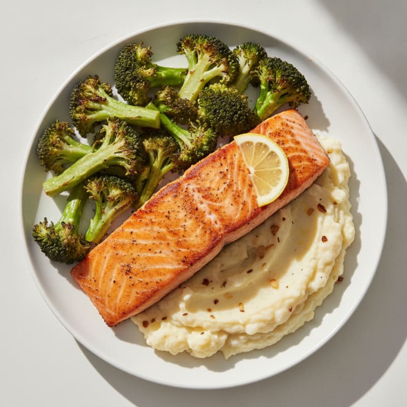 Seared Salmon with Roasted Broccoli and Garlic Mashed Cauliflower