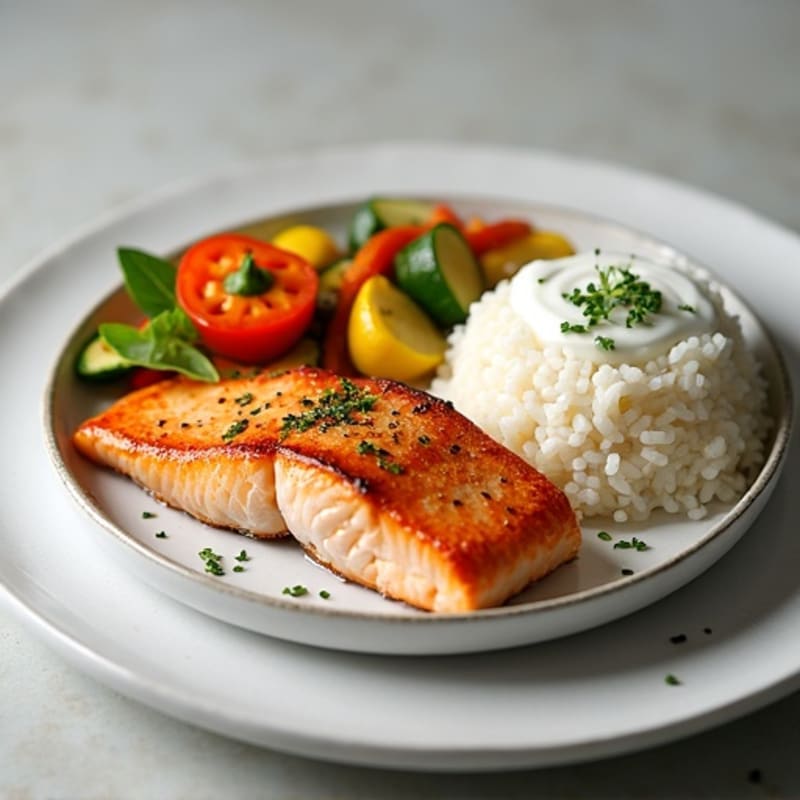 Seared Salmon with Garlic Sautéed Veggies and White Rice with Greek Yogurt