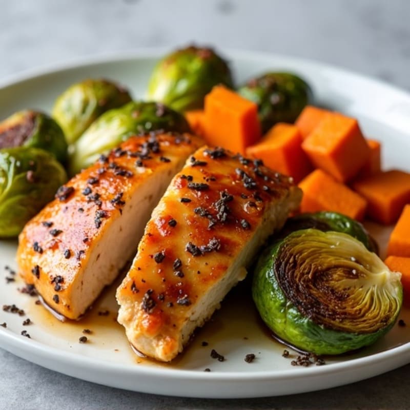 Maple-Date Glazed Chicken with Roasted Sweet Potatoes and Brussels Sprouts