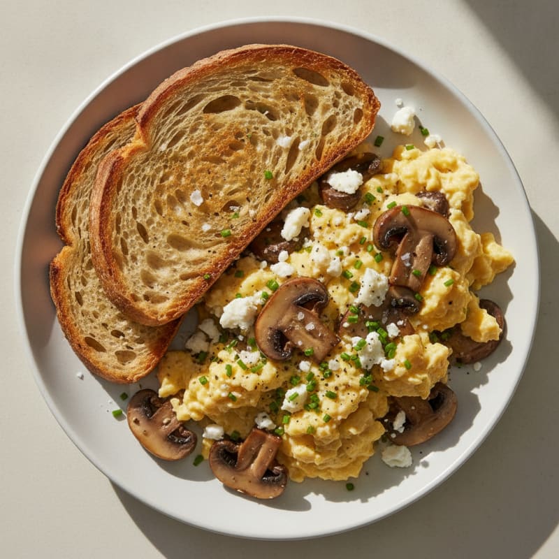 Mushroom Scrambled Eggs with Feta and Sourdough