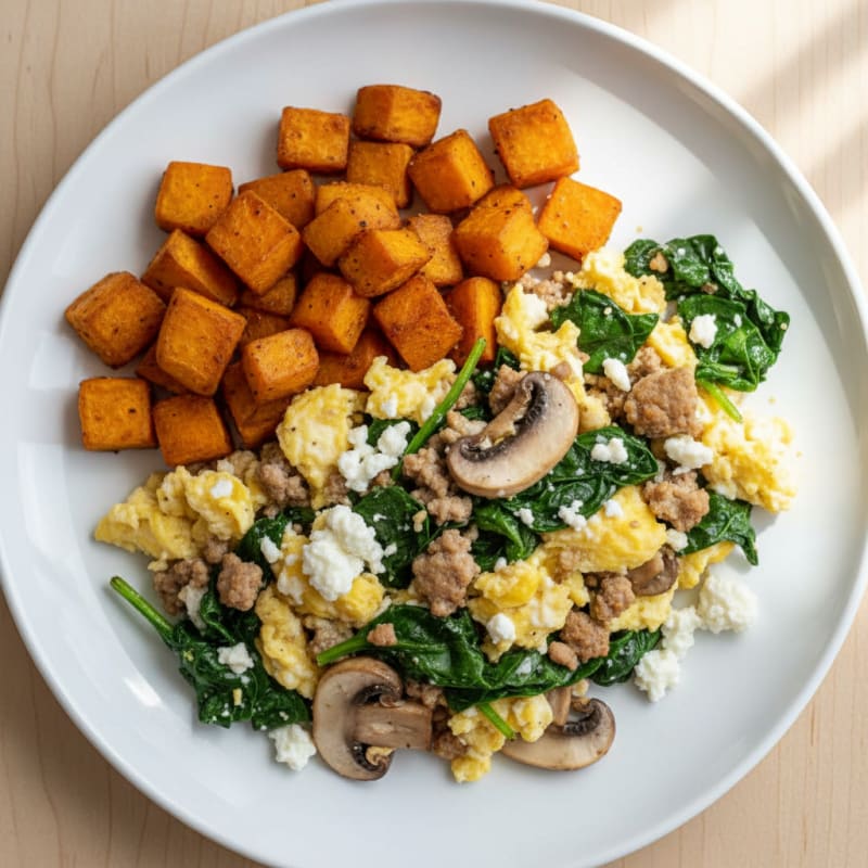 Egg and Cottage Cheese Scramble with Sautéed Spinach and Mushrooms