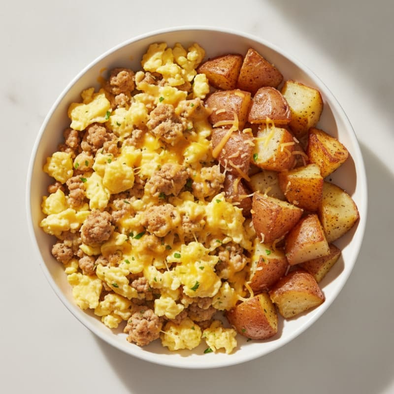 Egg and Turkey Scramble with Roasted Potatoes and Shredded Cheese