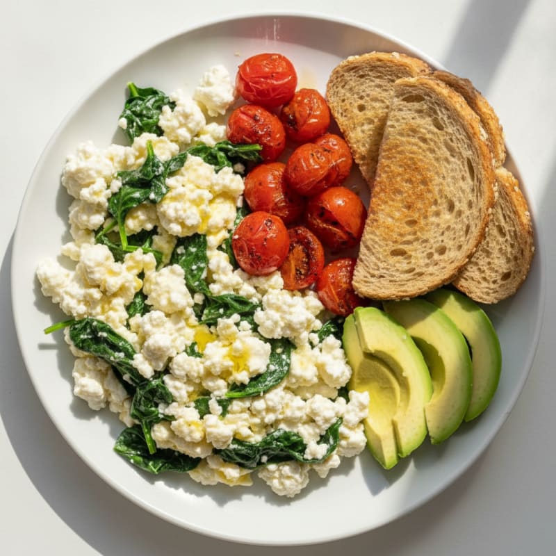 Egg White and Spinach Scramble with Cottage Cheese and Cherry Tomatoes
