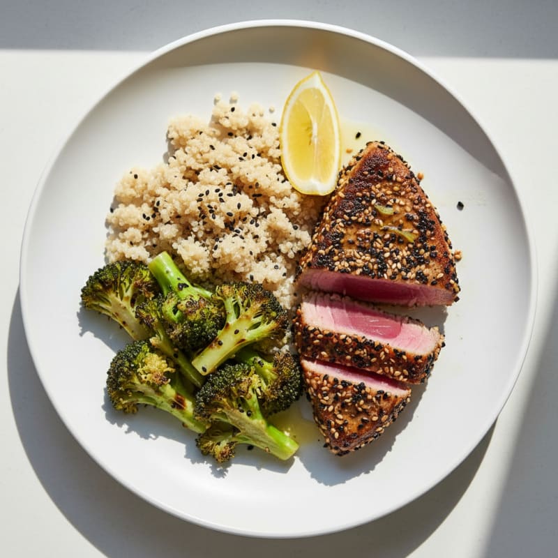 Seared Tuna Steak with Roasted Broccoli and Quinoa