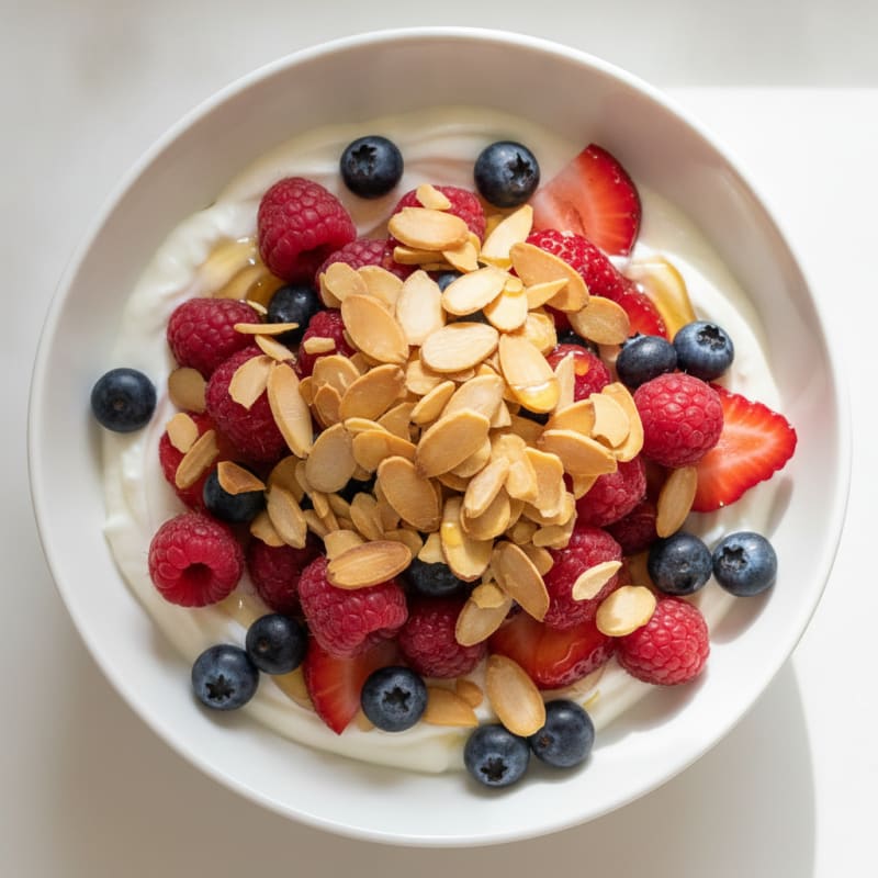 Greek Yogurt Protein Parfait with Mixed Berries and Almonds