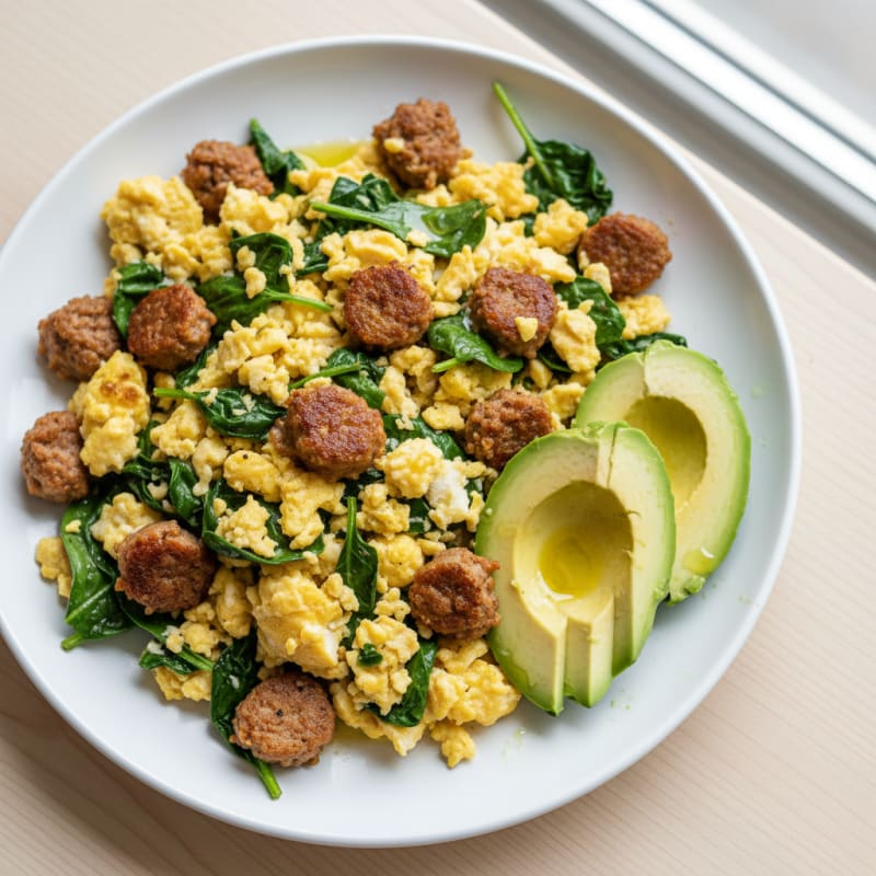 Egg White Scramble with Turkey Sausage and Sautéed Spinach