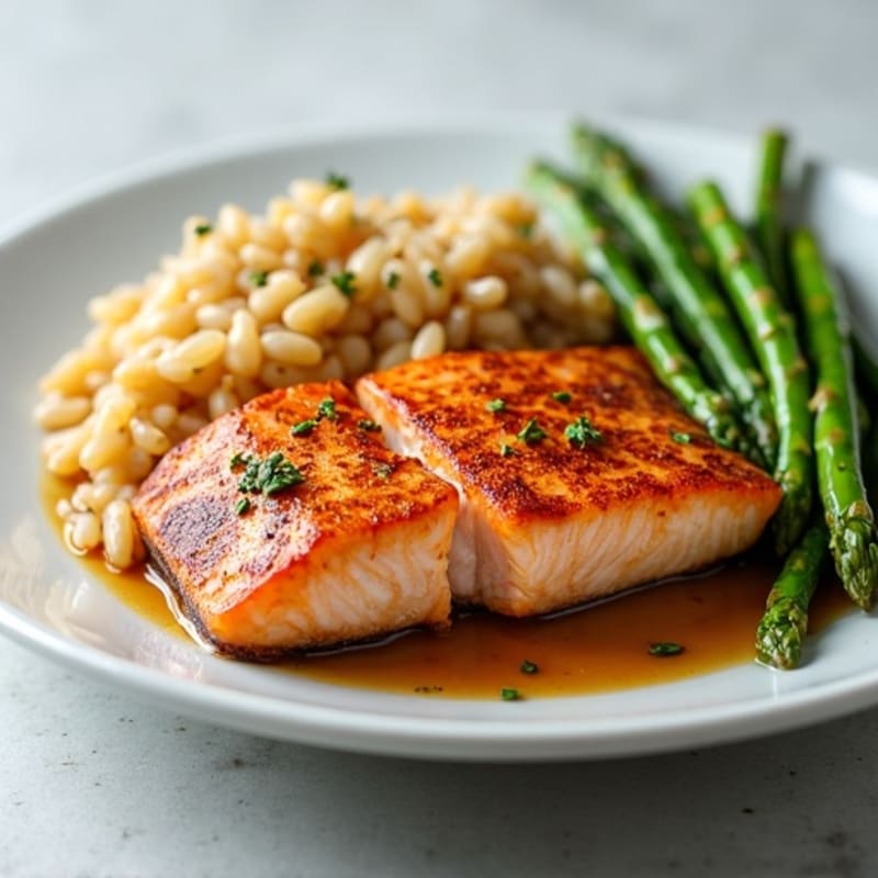 Seared Salmon with Steamed Asparagus and Brown Rice
