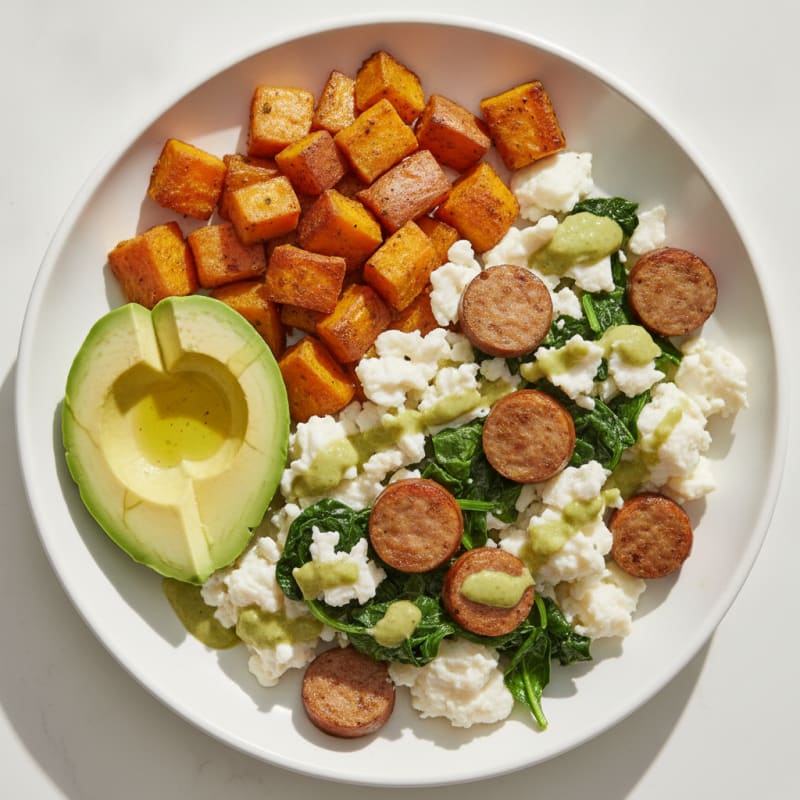 Scrambled Egg Whites with Turkey Sausage and Sautéed Spinach
